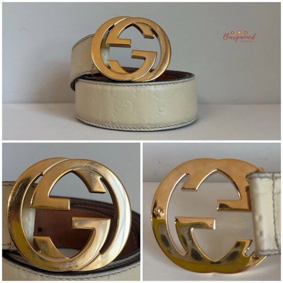 Authentic Gucci Cream Guccissima Leather Gold Interlocking G Buckle Belt 80/32 - Picture 2 of 12